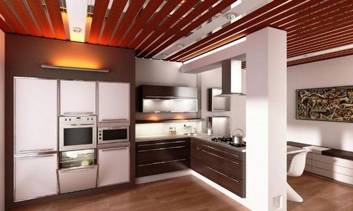 Навесной потолок на кухне - варианты материалов, фото