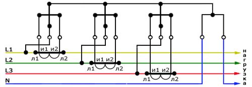 Схема подключения трехфазного счетчика: через трансформаторы тока, прямого включения