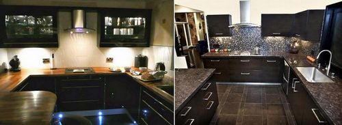 Темная кухня с темной столешницей фото: светлая, стеклянные столы, отзывы, цвет черный, дизайн с темным фартуком, бежевые фасады, видео