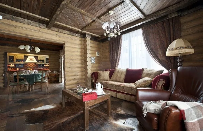 Дизайн гостиной в деревянном доме_английский стиль