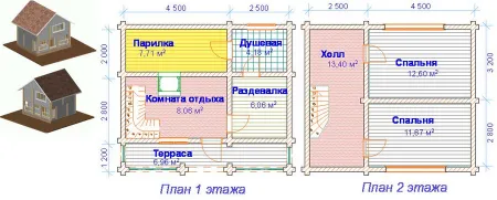 проект 2-х этажной бани с мини-бассейном