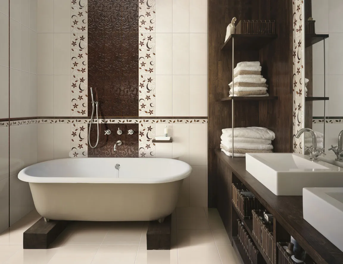 Современная бежево-коричневая ванная комната без унитаза