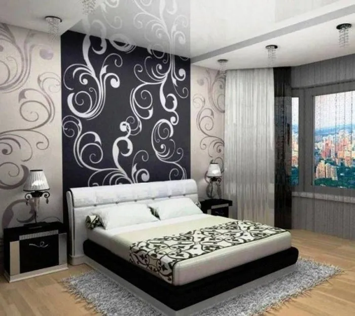 Интерьер спальни в черно-белом цвете