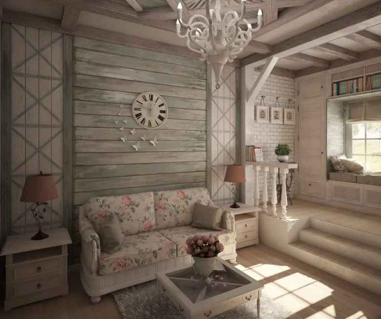 Интерьер в бревенчатом деревянном доме Прованс