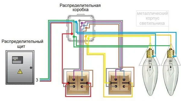 Схема подключения двухклавишных проходных выключателей