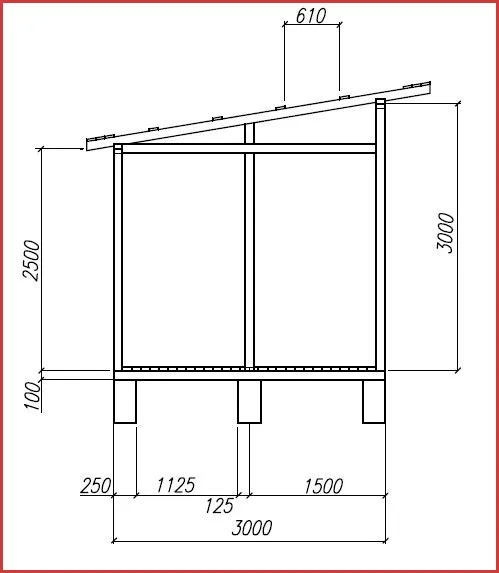 Чертеж сарая с односкатной крышей
