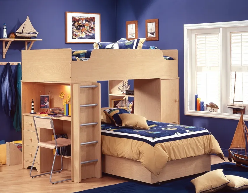 Двухъярусная модульная конструкция комбинированная со шкафом и столом идеально подойдет для детей разных возрастов