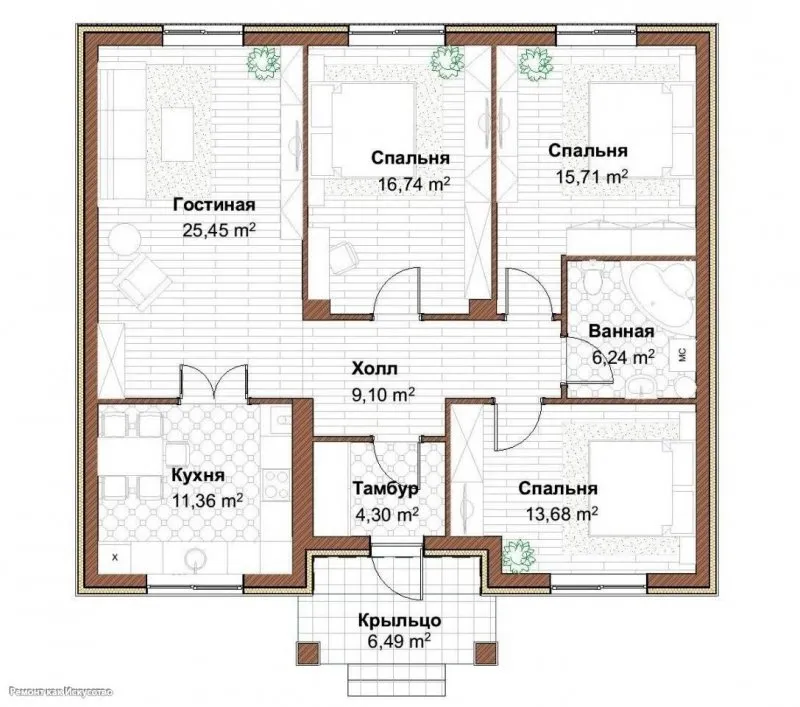 Планировка одноэтажного дома 10 на 12 с тремя спальнями с размерами