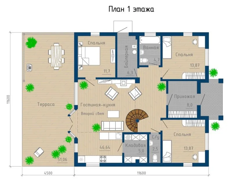 Планировка одноэтажного дома 15х15