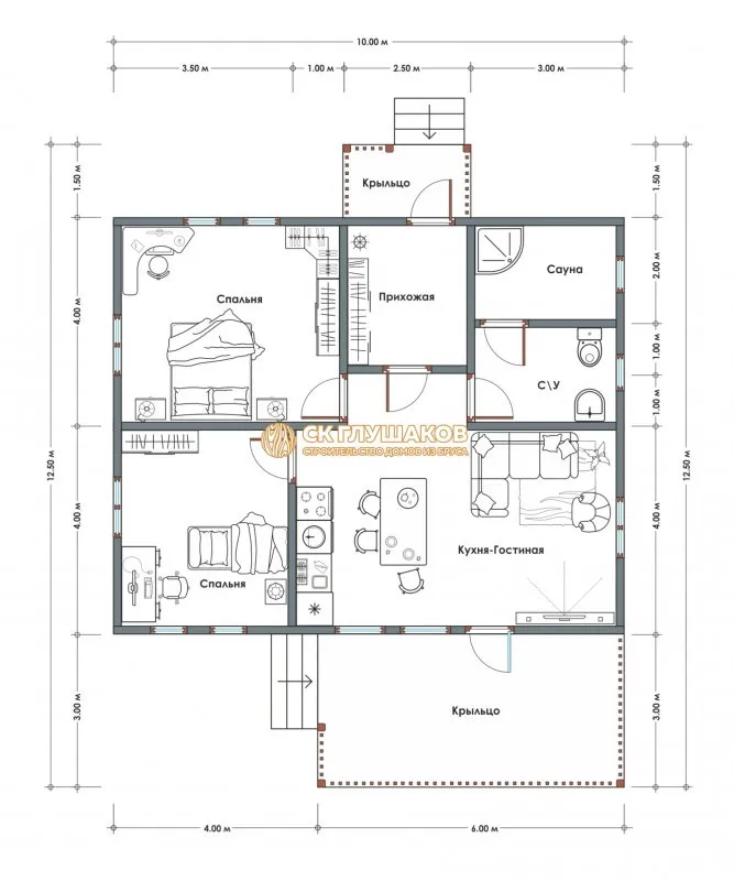 Планировка одноэтажного каркасного дома 12х9 в современном стиле