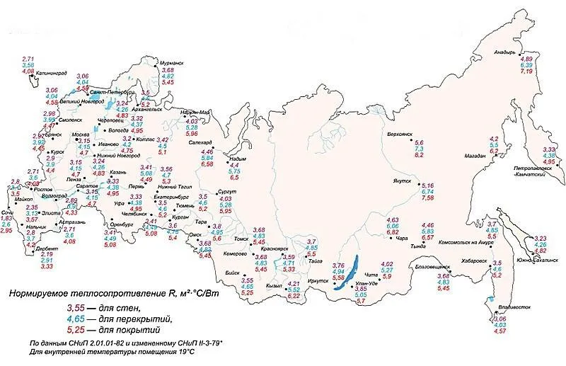 Карта-схема для определения требуемого значения сопротивления теплопередаче