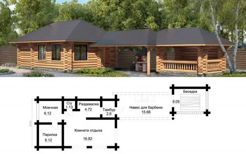 Баня проект с беседкой и мангальной зоной