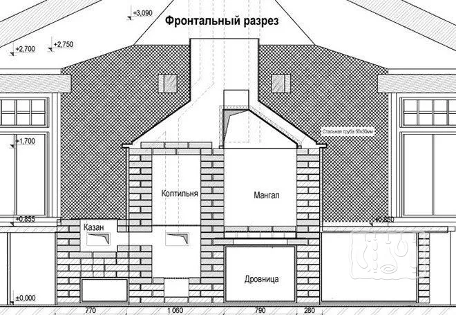 Фронтальный разрез уличного мангала с печью под казан и коптильней из кирпича