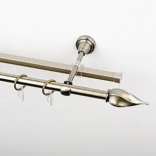 Карниз металлический стыкованный c наконечниками "Витро", 2-рядный, золото антик, гладкая труба, ø 16 мм