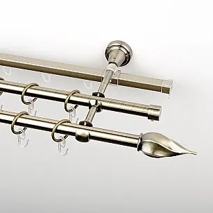 Карниз металлический стыкованный c наконечниками "Витро", 3-рядный, золото антик, гладкая труба, ø 16 мм