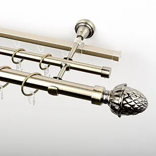 Карниз металлический стыкованный c наконечниками "Агра", 3-рядный, золото антик, гладкая труба, ø 25 мм