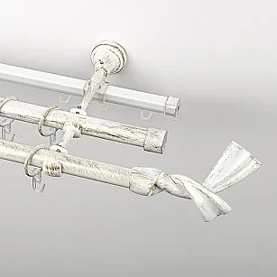 Карниз металлический стыкованный c наконечниками "Дива", 3-рядный, белое золото, гладкая труба, ø 19 мм