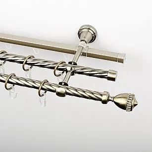 Карниз металлический стыкованный c наконечниками "Верона", 3-рядный, золото антик, крученая труба, ø 16 мм