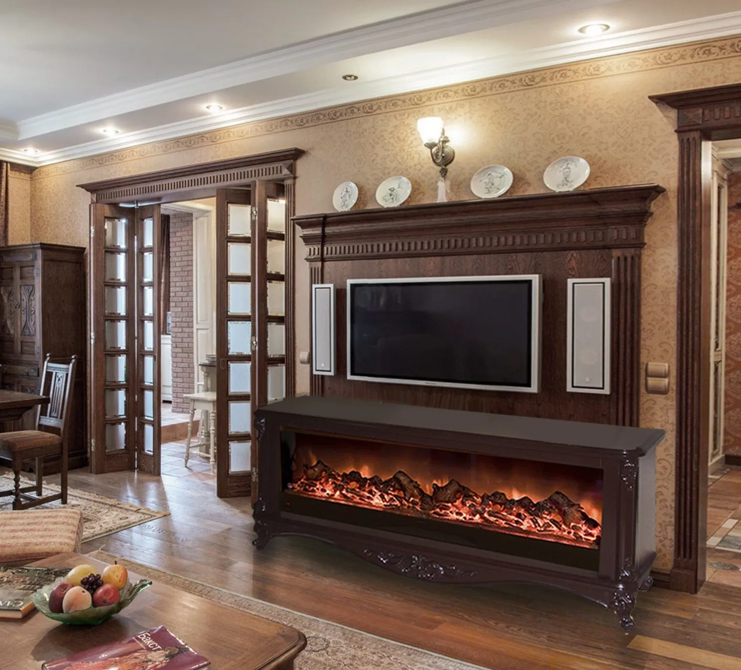 Электрокамин с телевизором в интерьере: топ идей