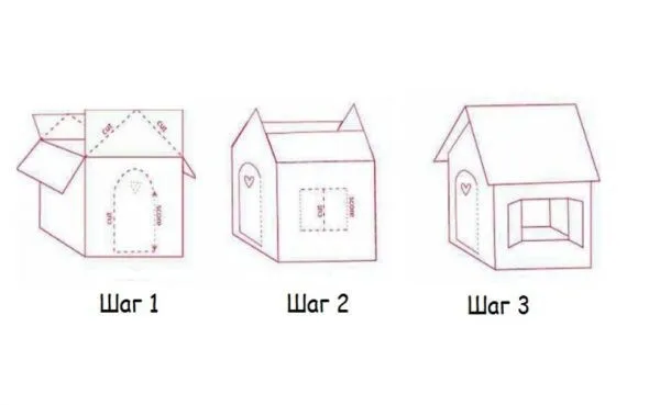 Побрать квадратную картонную коробку подходящего размера. Отрезать от неё верхнюю часть и сложить дополнительные листы картона так, чтобы получилась двускатная крыша