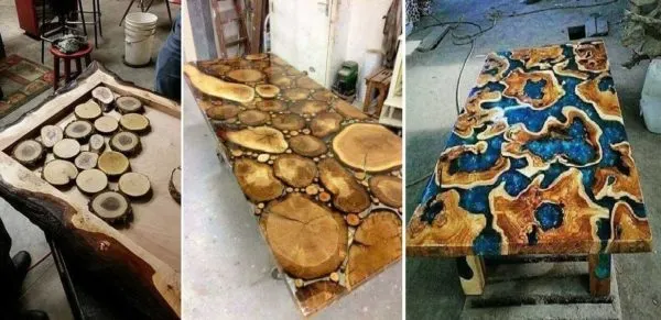 Сделать стол из спилов дерева и эпоксидной смолы можно в разных видах 