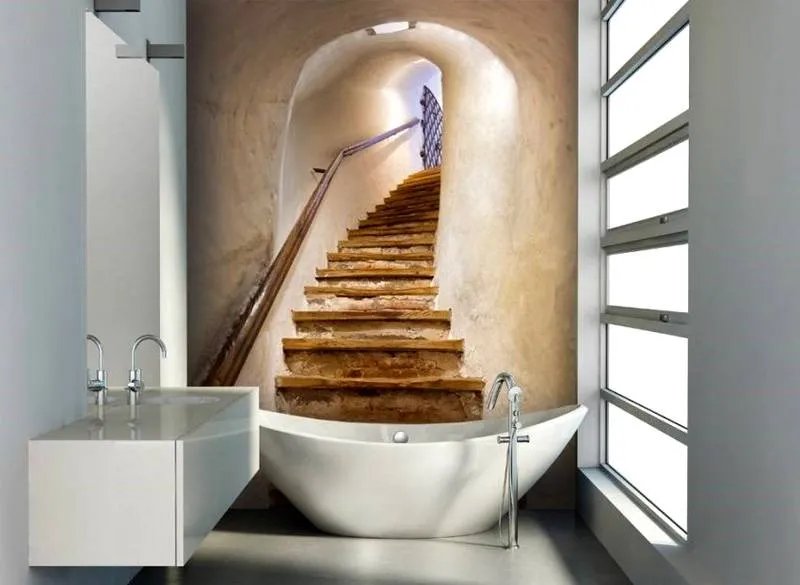 Этот рисунок увеличивает визуально объем ванной комнаты. Он дополняет строгий современный дизайн сантехники, других деталей интерьера романтикой средневекового замка