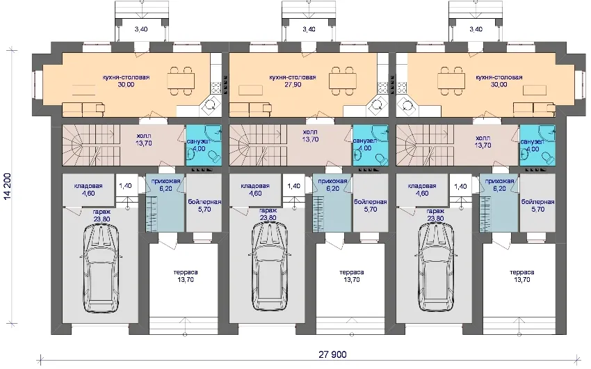 Проект таунхауса на 3 семьи с гаражом