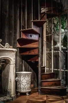 Industrial Staircase, Rustic Stairs, Home Room Design, Sandstone Fireplace, Stair Ladder, Spiral Stairs, Spiral Staircases