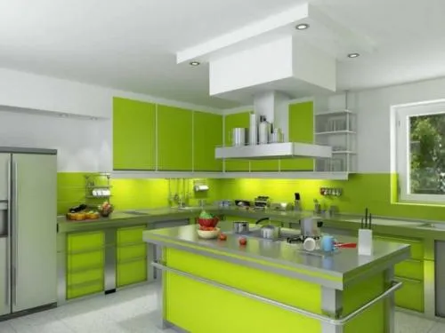Угловые кухни салатового цвета. Кухонная мебель салатового цвета