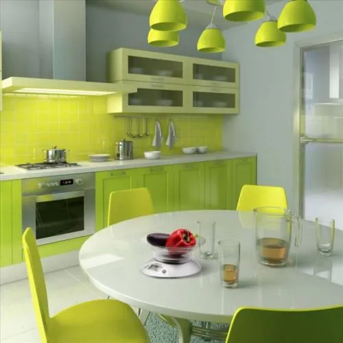 Угловые кухни салатового цвета. Кухонная мебель салатового цвета