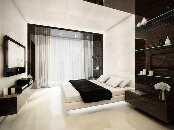 Классические шторы в интерьере спальни стиля "хай-тек"