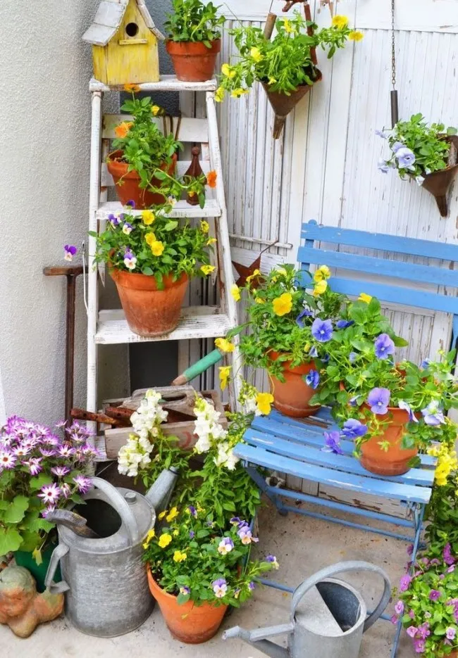 Использование лестницы в саду и цветочная композиция
