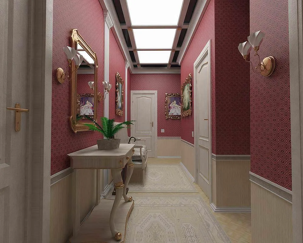 В узком коридоре или однокомнатной квартире с небольшой площадью очень уместно будет сочетание обоев двух цветов.