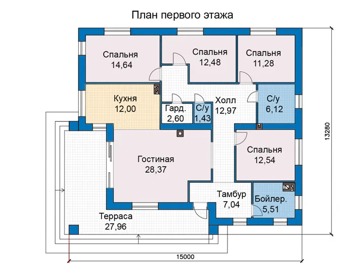 Планировка первого этажа :: Проект дома из газобетона 69-28