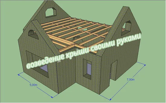 Т-образная, кровля, крыша, строительство, дом, стойки, ригели, карнизы, обрешетка, шнурка, коньковые доски, балки