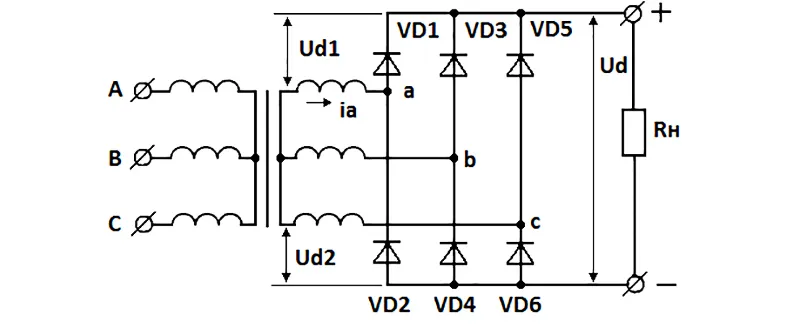 Принципиальная схема двухтактного трёхфазного моста-выпрямителя