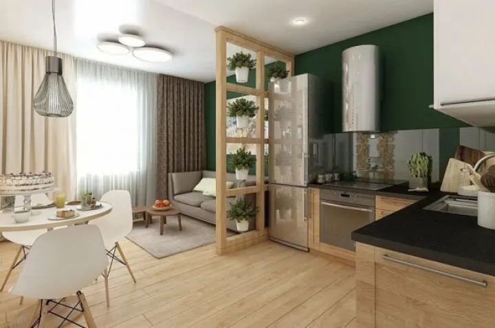Зонирование кухни в квартире-студии с использованием живых цветов