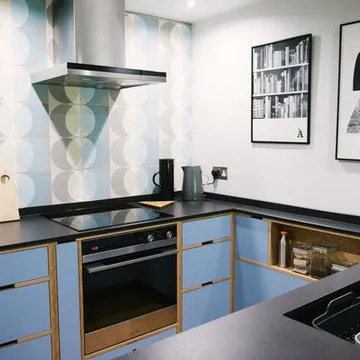 The Hollingtons: Mid Century Modern Blue Plywood Kitchen