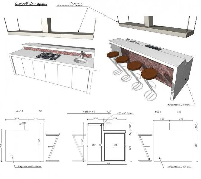 Схема островной стойки, совмещенной со столешницей