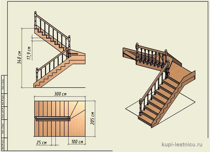 № 32 чертёж—проект двух маршевая лестница поворот 180 с площадкой 