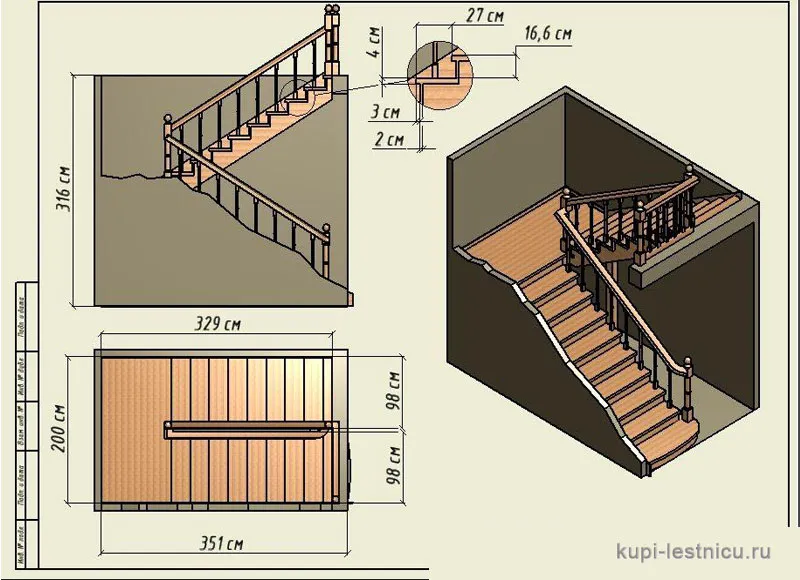 № 41 чертёж—проект двух маршевая лестница поворот 180 с площадкой 