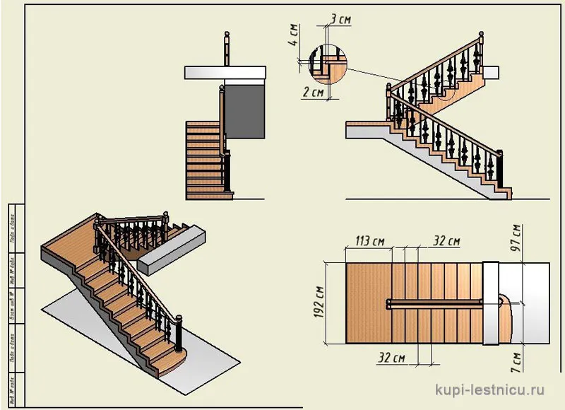 № 38 чертёж—проект двух маршевая лестница поворот 180 с площадкой 