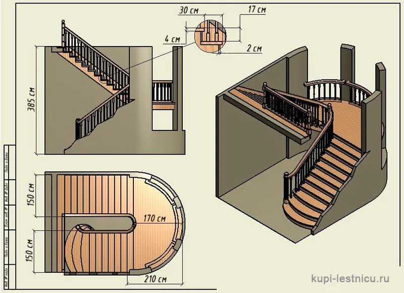 № 7 чертёж—проект двух маршевая лестница поворот 180 с площадкой 