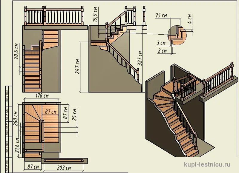 № 36 чертёж—проект двух маршевая лестница поворот 180 с площадкой 
