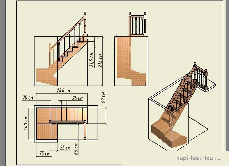 № 49 чертёж—проект двух маршевая лестница поворот 180 с площадкой 