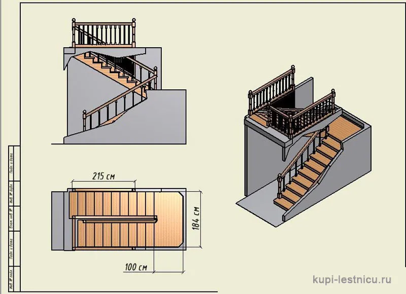 № 30 чертёж—проект двух маршевая лестница поворот 180 с площадкой 