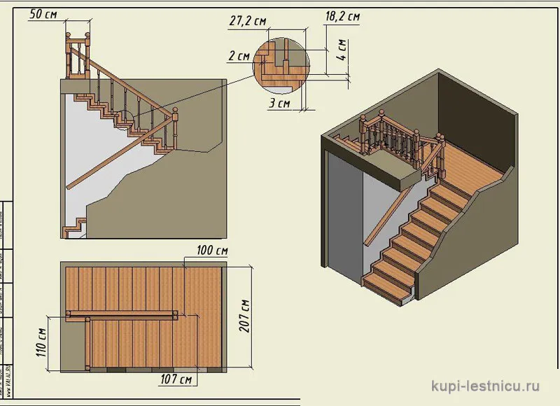 № 17 чертёж—проект двух маршевая лестница поворот 180 с площадкой 