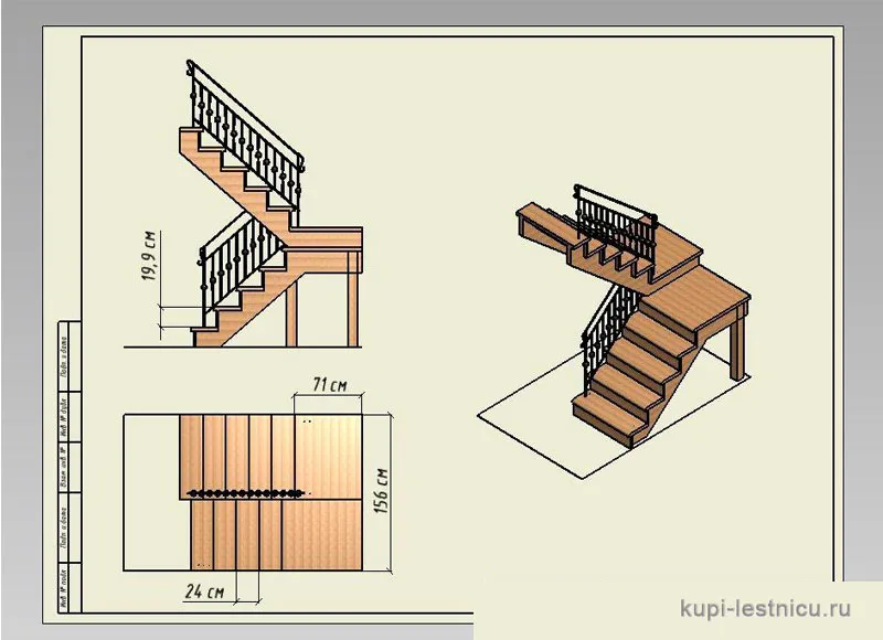 № 45 чертёж—проект двух маршевая лестница поворот 180 с площадкой 