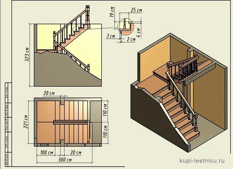 № 28 чертёж—проект двух маршевая лестница поворот 180 с площадкой 