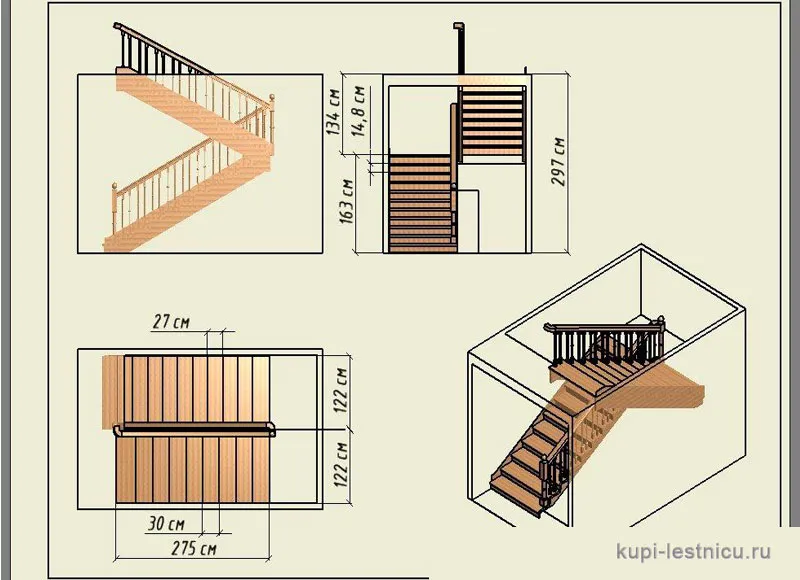 № 51 чертёж—проект двух маршевая лестница поворот 180 с площадкой 